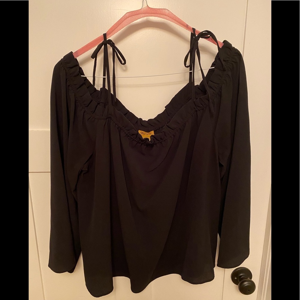 Wrangler Women Black Cold Shoulder Ruffle Tie Strap Bell Sleeve Blouse XXL